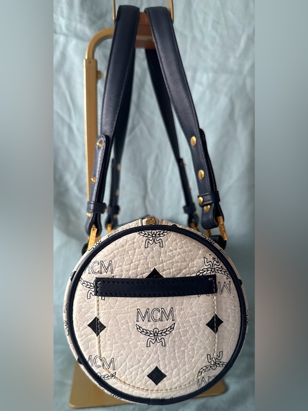 MCM Authentic White&Navy Visetos Logo Barrel Bag Navy Straps&Gold Tone Hardware - Picture 3 of 13